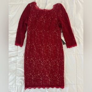 NWT Adrianna Papell $158 Red Lace Overlay Sheath Dress Sz 10 3/4 Sleeve Full Zip